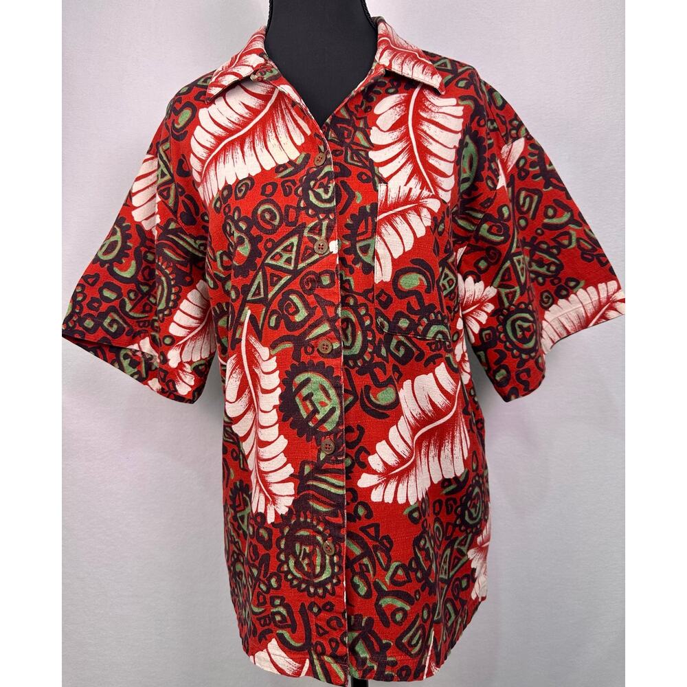 Vintage 90s 1994 Womens Patagonia Red Tribal Leaf Print Cotton Button Up Shirt M